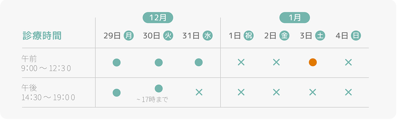 12月29日から1月4日の診療日は、12月29日午前（9時〜12時30分）午後（14時30分〜19時）、12月30日午前（9時〜12時30分）午後（14時30分〜17時まで）、12月31日午前（9時〜12時30分）、1月3日午前（9時〜12時30分）となります。